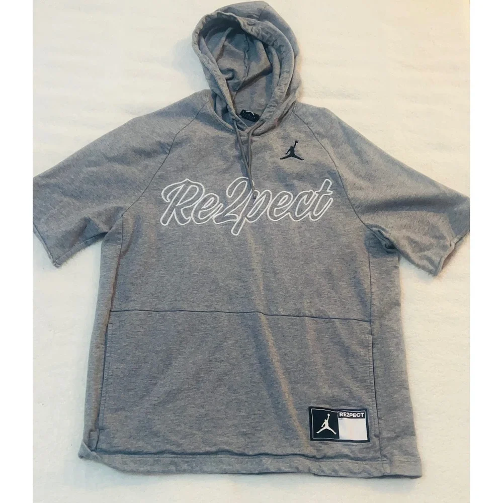 Jordan Mens Derek Jeter RE2PECT Short Sleeve Hoodie Grey Pullover L Large